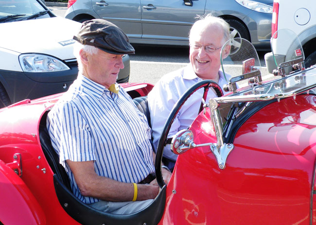 Drummond (left) drives his late fathers car for the first time, under the expert eye of current owner, Roy Palmer (right)